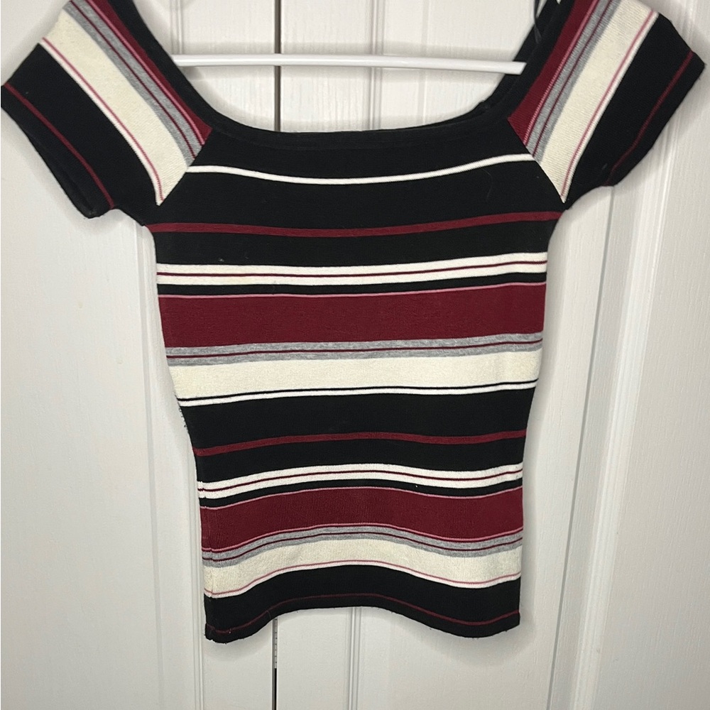 Striped Off-Shoulder Sweater - Black, Red, Cream. Fitted